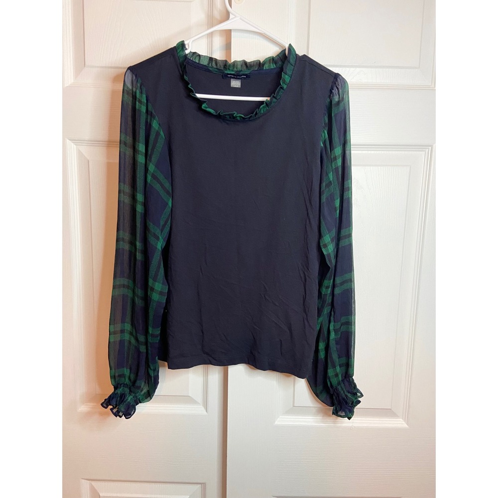 Tommy Hilfiger Preppy Plaid Sheer Sleeve Ruffle Neck Blouse Top